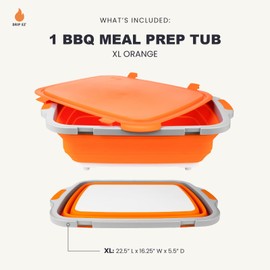 Drip EZ Collapsible BBQ Prep Tub (V2) - For Meal Prep Marinating Food Storage - Includes Cutting Board & Locking Lid - (1) XL - Orange