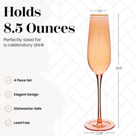 Vikko Champagne Flutes, 8.5 Ounce Toasting Champagne Flute, Coral with Gold Rim Crystal Clear Champagne Glasses, Set of 4 Elegant Sparkling Wine Glasses