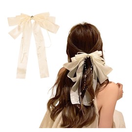Lapimou Hair Clip Barrette, Barrette, Hair Accessory, Hair Accessory, Large Ribbon, Tulle, Women's, Popular, Cute, Korean, Stylish, Cute, Yukata, Dress, Everyday Use (White (Crystal))