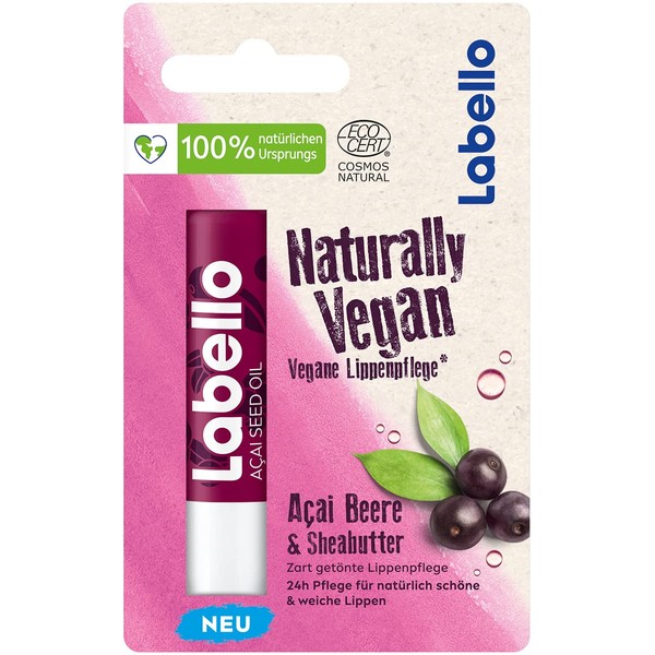 Labello Naturally Vegan Acai Berry (4.8 g), Delicate Tinted Lip Care for Naturally Beautiful and Soft Lips, Lip Balm Stick with Shea Butter and Açai Berry Oil