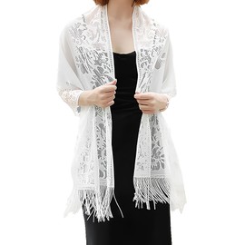 Elegant Stole, Ladiery Women's Shawl, Cape Scarf, Lace Scarf with Tassels, Thin Vintage Stole Wraps, Hollow Chiffon Stole, Women's Festive, Stole for Evening Dress, White