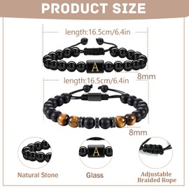 ZENGSING Men's Pearl Bracelet, Set of 2, Tiger's Eye Stone Bracelet, Obsidian Letter Bracelet, Adjustable Yoga Bead Bracelets, Partner Bracelets with Natural Stone Beads, Gift for Men, Stainless Steel