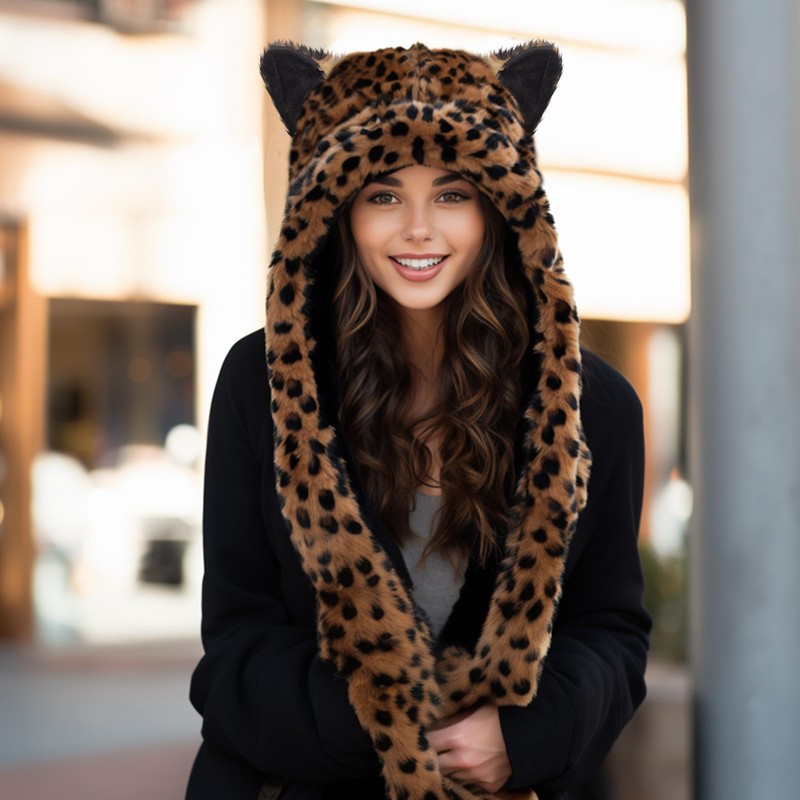 ShellKingdom Plush Novelty Animal Hat,3 in 1 Function Leopard Faux
