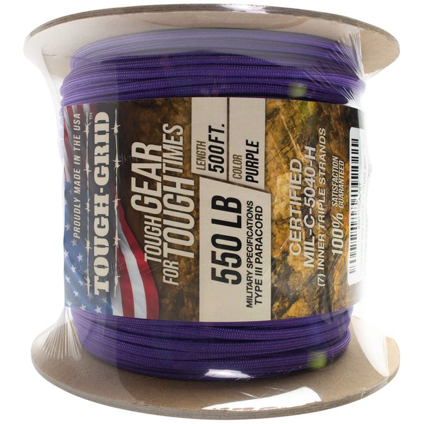 TOUGH-GRID 550lb Purple Paracord/Parachute Cord - 100% Nylon Mil-Spec Type III Paracord Used by The US Military, Great for Bracelets and Lanyards, 100Ft. - Purple