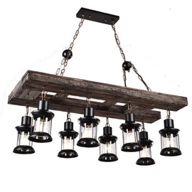 A Million Retro Farmhouse Wood Chandelier, 8-Light Industrial Chandelier Light Fixture with Seeded Glass Shades, 38" Rectangle Pendant Chandeliers for Dining Room, Kitchen Island
