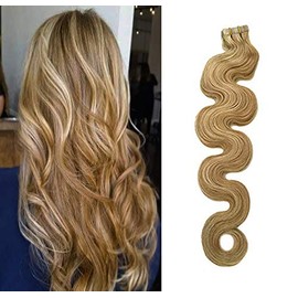 Seamless Tape In Human Hair Extension Full Cuticle Body Wavy Skin Weft Hair Extension Highlighted Color #18 Ash Blonde with #613 Blonde 24inch Glue in Extensions(#18/613)