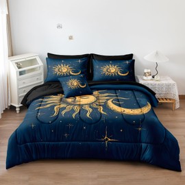 Merryword Blue Sun and Moon Comforter Set Queen 8 Pcs Bed in A Bag Galaxy Bedding Set Bohemian Gothic Comforter Set