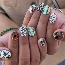 Uñas postizas cuadradas cortas con 5 rayas de animales. Puntas adhesivas para cebra, tigre, leopardo, tortuga y vaca. Uñas postizas divertidas para mu