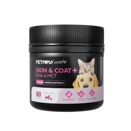 Premium Skin & Coat Support Supplement for Dogs and Cats All Breeds and Sizes, Reduce Itching, Shedding, Shiny Healthy Coat, Australian Made, No Added Flavours Powder (Up to 60 Servings) - Petmima