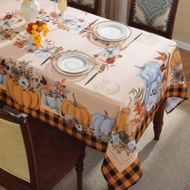 SASTYBALE Fall Pumpkin Tablecloth 52 x 70 Inch Rectangle Checkered Buffalo Plaid Table Cloth Vintage Farmhouse Washable Fabric Table Covers for Autumn Harvest & Thanksgiving Decor, Orange
