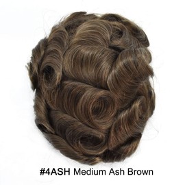 Mens Toupee Real Human Hair Piece 0.06mm Ultra Thin Skin Toupee V-loop Natural Looking Hair Pieces For Men Hair Replacement System8x10-90% light density4ASH Medium-dark brown with ash tone