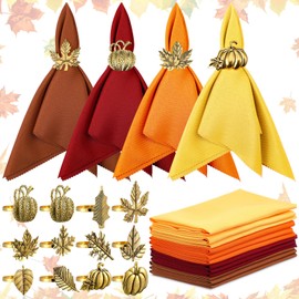 WILLBOND 32 Pcs Thanksgiving Napkin Rings and Napkins Set, 16 Thanksgiving Dinner Napkins 16 Vintage Gold Metal Leaf Pumpkin Napkin Holder for Autumn Fall Party Dinner Holiday Table Decoration