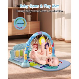 dearlomum Baby Gym Play Mat with 4-Key Musical Piano Play Activity Center with Hanging Toys Tummy Time Mat for Infants and Toddlers Lights Sounds and Sensory Development (Blue Space Theme)