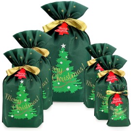 Fabric Gift Bags for Christmas Presents - 6 Pcs Christmas Bags with Drawstring, Large Christmas Gift Bags for Presents, Christmas Gift Wrap Reusable Christmas Bags for Gifts (Green Xmas Tree Assorted)