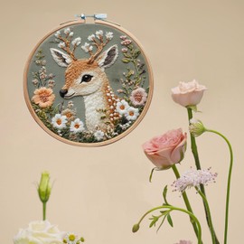 IUHUI Embroidery Kit for Beginners and Adults - Beautiful Animals Gorgeous Pattern DIY Hand Stitch Embroidery Set with Hoop (Fawn with Flowers)