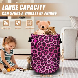 Pink Leopard Print Laundry Basket, Foldable Animal Skin Laundry Hamper Tote Bag Dirty Clothes Storage Bucket Toy Organizer for Bathroom/Laundry/Bedroom 15.7"x19.6"