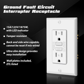 ELECTECK 5 Pack GFCI Outlets 15 Amp, Tamper Resistant (TR), Ultra Slim GFI Receptacles with LED Indicator, Ground Fault Circuit Interrupter, Decor Wallplate Included, ETL Listed, White
