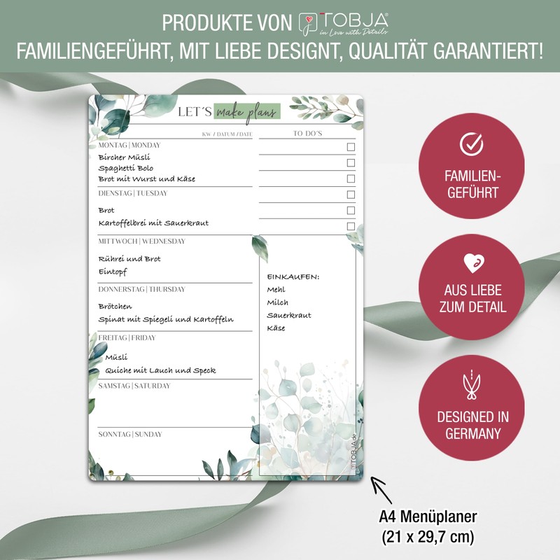 TOBJA Meal Planner Week Wipe-Clean – Sticks to All Surfaces,