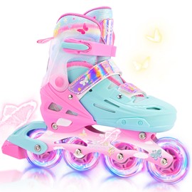 2PM SPORTS Girls Inline Skates for Kids Ages 5-8 8-12 3-5 4-6 6-12, Adjustable Kids Blades Roller Skates for Girl Women Beginner Youth Outdoor Indoor Size 11C 1 2 3 4 5 6 7 8 Pink Green Butterfly