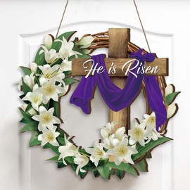 Queekay Easter He Is Risen Wreath for Front Door Decor Religious Easter Decoration Wooden He Is Risen Spring Wreath Cross Door Sign Hanging Sign Christian Jesus Decor for Outdoor Wall Party Supplies