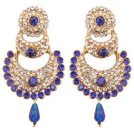 Touchstone Indian Bollywood Chand Bali Half Moon Crescent White And Faux Sapphire Blue Rhinestones Designer Jewelry Chandelier Earrings For Women In Antique Gold Tone.