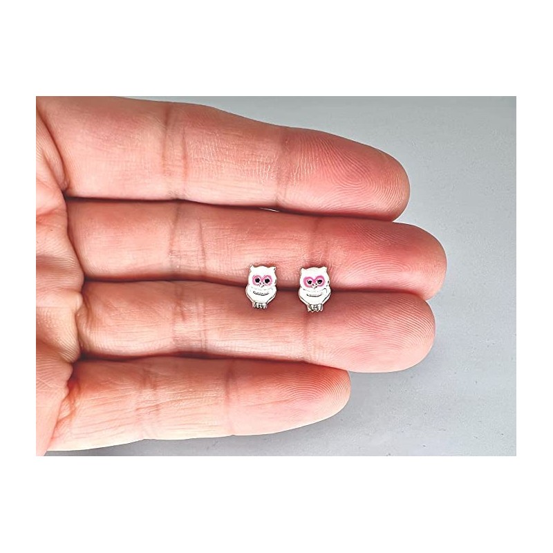 Owl Bird Earrings 925 Sterling Silver White and Pink