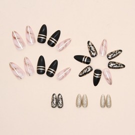 24PCS Long False Nails with Glue Stickers, Almond Full Cover Acrylic Nails Press on Nails no Glue,Black Amber Gold Foil French Fake Nails Stick on Nails for Women and Girls Nail Art.