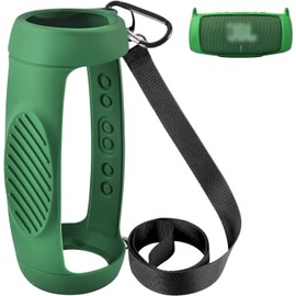 Silicone Case Cover for JBL Charge 5 Waterproof Portable Bluetooth Speaker, Travel Carrying Protective Gel Soft Skin, Waterproof Rubber Pouch with Shoulder Strap and Carabiner - Green