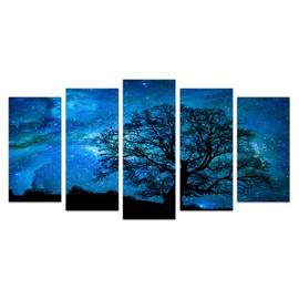 XLarge Starry Night Canvas Wall Art Black Tree Galaxy Landscape Prints Wall Decal Artwork,Starry Painting Prints for Living Room,Stretched on Premium Wood Frame,Ready to Hang (5 Pieces Large)