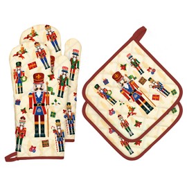 Arquiel Christmas Oven Glove and Pot Holder Set of 4, 100% Cotton Cooking Gloves, Christmas Nutcracker, Heat Resistant Kitchen Glove for Cooking, Baking, Barbecuing, Gift