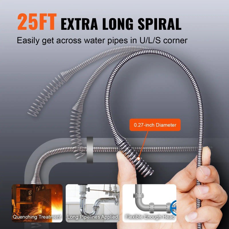 25FT Cordless Electric Drain Snake 12V Auto Feed Pipeline Remover