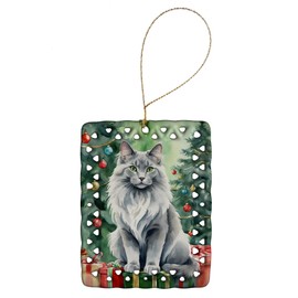 Nebelung Cat By the Christmas Tree Porcelain Ornament