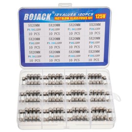 BOJACK 12 Values 120 pcs Fast Blow Glass Fuses Assortment Kit 5x20mm 125V F0.5A 1A 1.6A 2A 3A 3.15A 4A 5A 6.3A 8A 10A 15A packag in a Clear Plastic Box