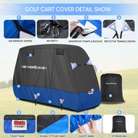 NEVERLAND Golf Cart Cover - Waterproof Golf Cart Covers - Fits for Yamaha Golf Carts EZ GO Club Car - Outdoor Windproof Sunproof (Black+Blue, Fit for 2+2/4 Passenger Cart)