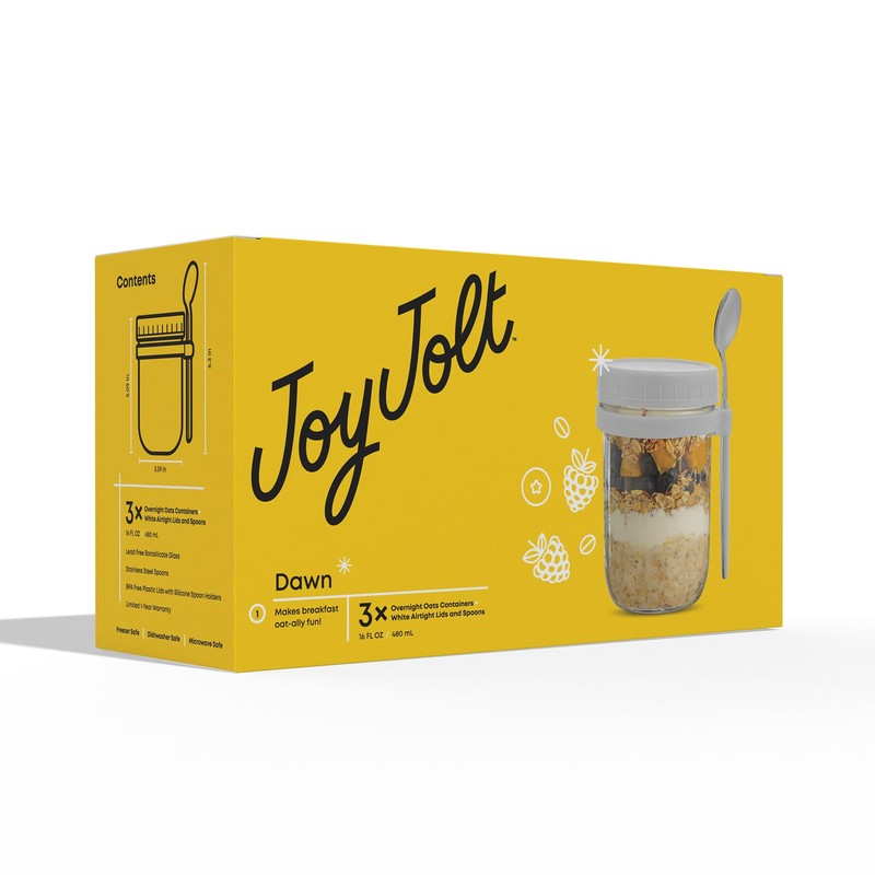 JoyJolt 3-Pack Glass Overnight Oats Jars with Lids and Spoons