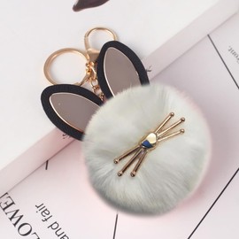 OWL Pom Pom Keychain Fluffy Cute Owl Keychain Faux Animal Fur Pom Pom Keychain for Bag Decor cat (cat love white)