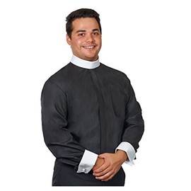 FOR HIS SERVICE Men's Clergy Shirt Long Sleeves - (Includes Banded Collar) 20-20 1/2 36-37, Black w/White Cuffs
