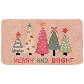 Whaline Pink Christmas Doormat Merry&Bright Xmas Tree Non-Slip Rubber Rectangle Floor Mat for Indoor Outdoor Kitchen Bathroom Entrance Porch, 27.5 x 17.7 Inch