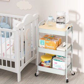 TOOLF 3 Tier Rolling Cart, Metal Utility Cart with Wheels & Wooden Top, Diaper Organizer Cart, Rolling Craft Storage Cart, Serving Trolley Cart for Kitchen, Office, Bathroom, Baby Nursery, Bedside