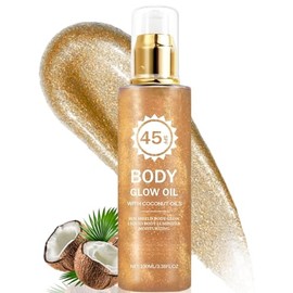 Body Shimmer Oil,Body Glow Oil with Coconut,SPF 45 Sunscreen,GlowsSunscreen | Shimmer Body Oils with Gold Mica,Glow Oils for Bodys,Hydrating & Quick Absorption,Water Resistant for Face & Bodys