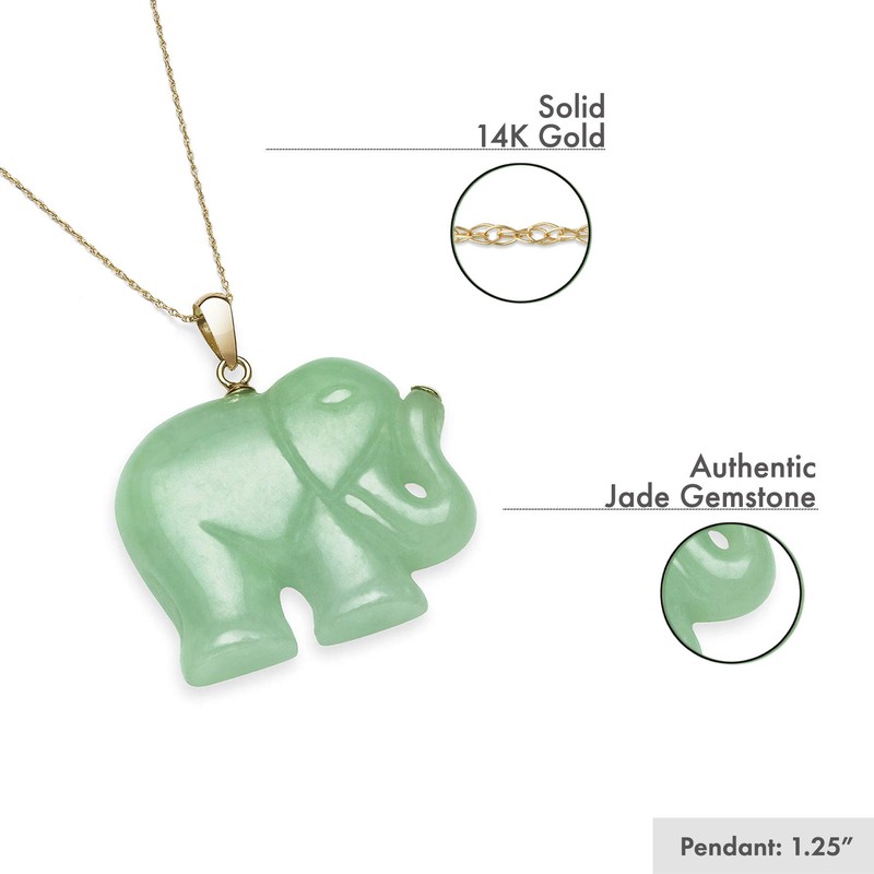 14K Yellow Gold Genuine Green Jade Elephant Necklace,18"
