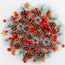 HYran Christmas pine cones, 108 pieces Christmas tree decorations, Christmas wreath decoration, advent wreath decoration, natural pine cones, red berries, acorns, pine needles, star made of birch bark