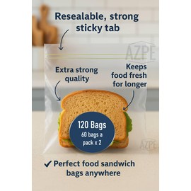 120 Strong Press and Seal Food Bags – Extra Strong Food and Sandwich Bags with Sticky Closure Tab – Resealable Snack Bag for School, Work, Travel, Picnics (60 a pack x 2)