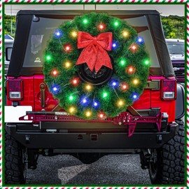 Daifunli Christmas Car Wreath Spare Tire Decoration LED Spare Tire Cover DIY Kit Include 150ft Tinsel Green Garland Large Red Bow 80 LED String Lights for Truck SUV Holiday Outdoor Decor