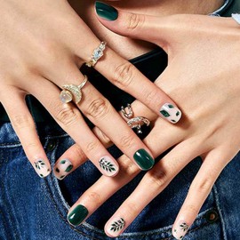 GLAMERMAID Press on Nails Extra Short Squoval, Fall Nude Dark Green Leaf Glue on Nail, 24Pcs Glossy Round Reusable UV Finish Fake Nails Acrylic False Nail Manicure Kits for Women