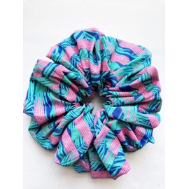 Miami Vice - 7 inch Jumbo Scrunchie - Cotton Print Fabric - retro stripe - pink teal blue - Made in Texas USA