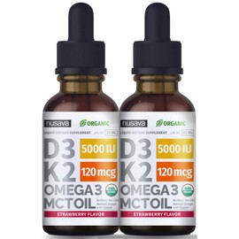 (2 Pack) Organic Vitamin D3 K2 Drops 5000 IU with MCT Oil Omega 3 - Maximum Strength Liquid D3 with No Fillers, Non-GMO for Faster Absorption, Immune Support (Strawberry, 2 Fl Oz)