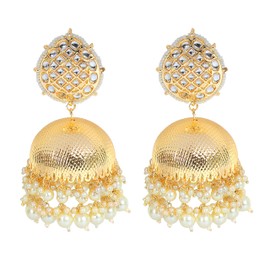 Gold Plated Pearl Jhumka Earrings with Kundan Studded Top for Women | Bridal & Ethnic Jewelry | Traditional Indian Earrings (ER_0724_15)