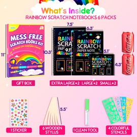 JMMICO 6 Packs Rainbow Scratch Notebook, Scratch Art for Kids with Reusable Cleaner Tool, Halloween Crafts for Kids, Stocking Stuffers, Art Supplies, Christmas Gifts for 4 5 6 7 8 9 Year Old Girl Boy