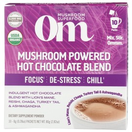 Om Mushroom Superfood Hot Chocolate Blend Mushroom Powder, Single Serve, Dutch Cocoa, 2g of Sugar, 25 Calories, Lion's Mane, Reishi, Chaga, Turkey Tail, Focus and Stress Support, 10 Count, 2.82 Oz